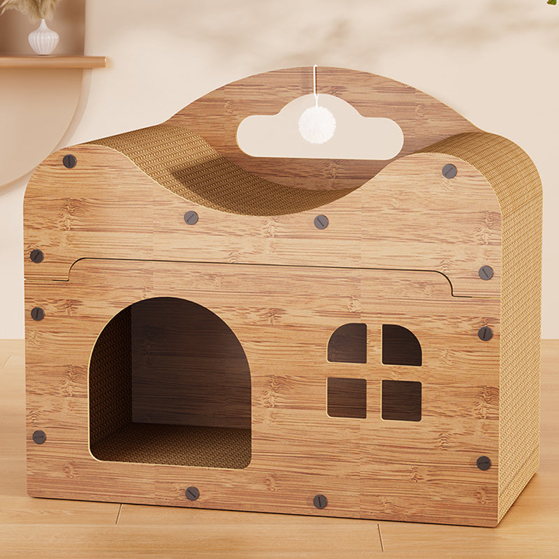Traditional Rustic Cat Beds – House-Shaped, Wavy Rectangle Design, MDF & Corrugated Paper Construction, 1-Cabinet for Living Room