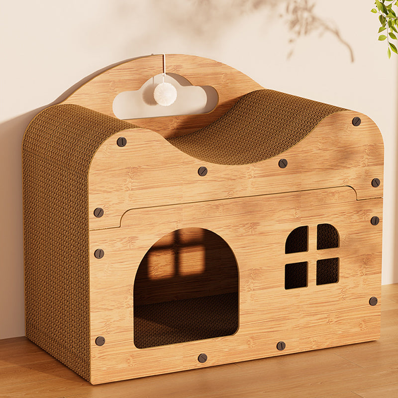 Traditional Rustic Cat Beds – House-Shaped, Wavy Rectangle Design, MDF & Corrugated Paper Construction, 1-Cabinet for Living Room