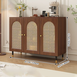 Traditional Rustic 3-Tier Rectangular Storage Cabinet — Glass Front, Faux Rattan Weaving, Large-Capacity Wood Particle Board, Living Room