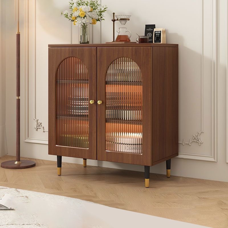 Traditional Rustic 3-Tier Rectangular Storage Cabinet — Glass Front, Faux Rattan Weaving, Large-Capacity Wood Particle Board, Living Room