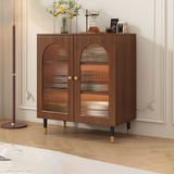 Traditional Rustic 3-Tier Rectangular Storage Cabinet — Glass Front, Faux Rattan Weaving, Large-Capacity Wood Particle Board, Living Room