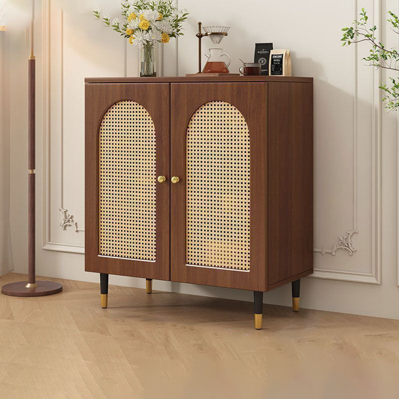 Traditional Rustic 3-Tier Rectangular Storage Cabinet — Glass Front, Faux Rattan Weaving, Large-Capacity Wood Particle Board, Living Room