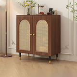 Traditional Rustic 3-Tier Rectangular Storage Cabinet — Glass Front, Faux Rattan Weaving, Large-Capacity Wood Particle Board, Living Room