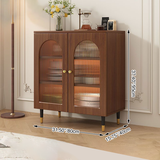 Traditional Rustic 3-Tier Rectangular Storage Cabinet — Glass Front, Faux Rattan Weaving, Large-Capacity Wood Particle Board, Living Room