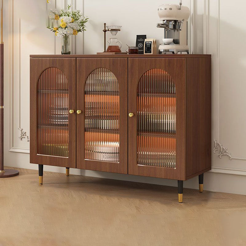 Traditional Rustic 3-Tier Rectangular Storage Cabinet — Glass Front, Faux Rattan Weaving, Large-Capacity Wood Particle Board, Living Room