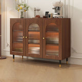 Traditional Rustic 3-Tier Rectangular Storage Cabinet — Glass Front, Faux Rattan Weaving, Large-Capacity Wood Particle Board, Living Room
