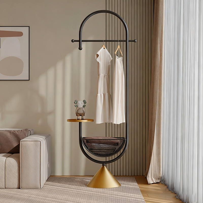 Modern Minimalist G-Shaped Hall Tree in Iron Carbon Steel, Freestanding with 1 Basket for Bedroom