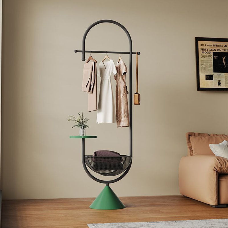 Modern Minimalist G-Shaped Hall Tree in Iron Carbon Steel, Freestanding with 1 Basket for Bedroom