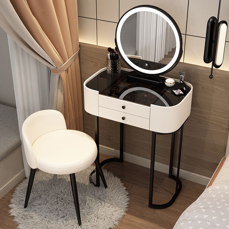 Modern Minimalist Iron Wood & Glass Makeup Vanity Table with PU Leather Stool, LED Mirror, and 2 Drawers – Rectangular Bedroom Vanity Set