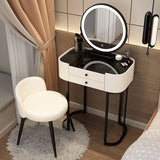 Modern Minimalist Iron Wood & Glass Makeup Vanity Table with PU Leather Stool, LED Mirror, and 2 Drawers – Rectangular Bedroom Vanity Set