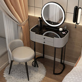 Modern Minimalist Iron Wood & Glass Makeup Vanity Table with PU Leather Stool, LED Mirror, and 2 Drawers – Rectangular Bedroom Vanity Set