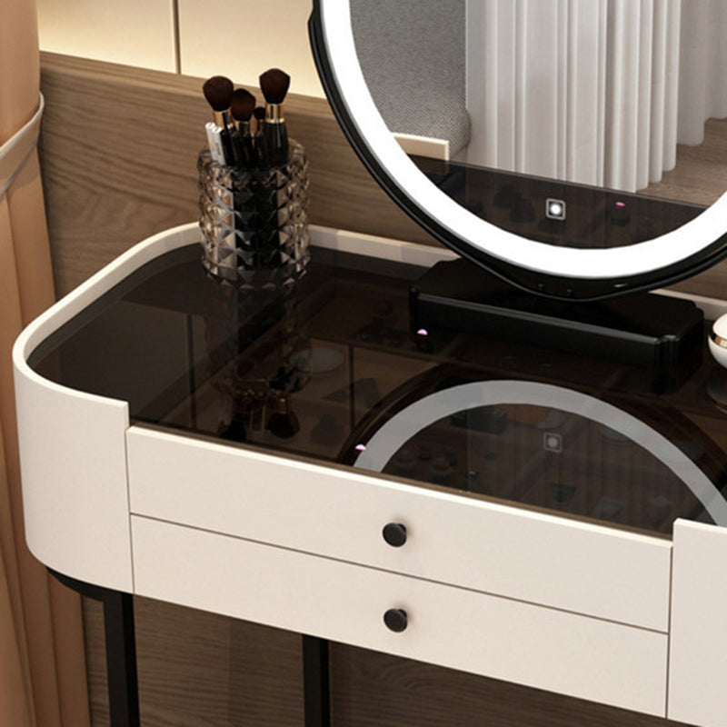 Modern Minimalist Iron Wood & Glass Makeup Vanity Table with PU Leather Stool, LED Mirror, and 2 Drawers – Rectangular Bedroom Vanity Set