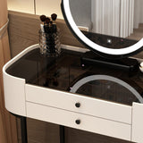 Modern Minimalist Iron Wood & Glass Makeup Vanity Table with PU Leather Stool, LED Mirror, and 2 Drawers – Rectangular Bedroom Vanity Set