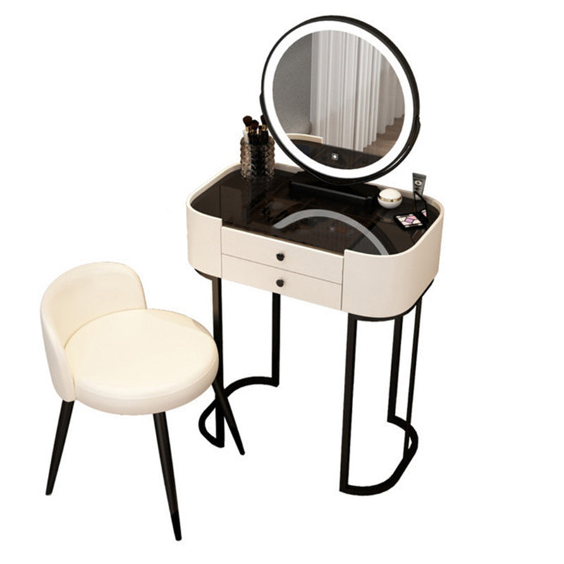 Modern Minimalist Iron Wood & Glass Makeup Vanity Table with PU Leather Stool, LED Mirror, and 2 Drawers – Rectangular Bedroom Vanity Set