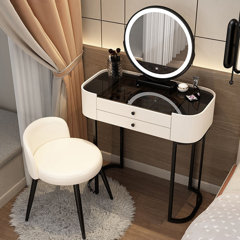 Modern Minimalist Iron Wood & Glass Makeup Vanity Table with PU Leather Stool, LED Mirror, and 2 Drawers – Rectangular Bedroom Vanity Set