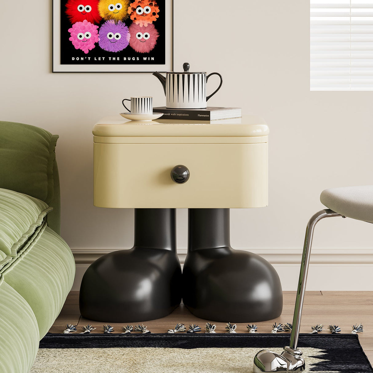 Modern Art Deco Kids Nightstand — Square Wood MDF, 1-Drawer Bedside Table for Bedroom