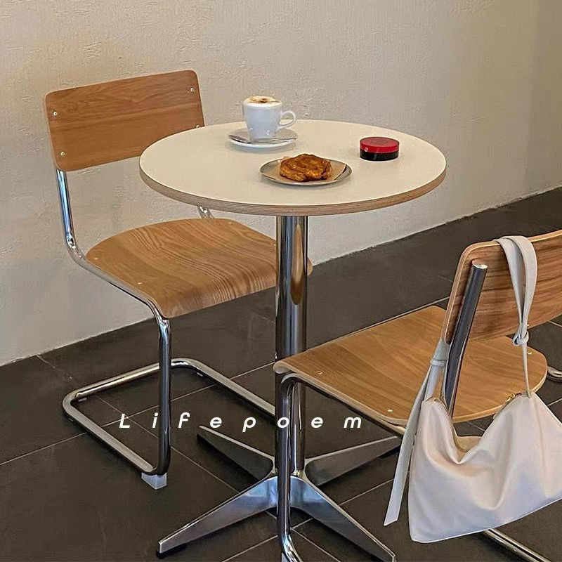 Modern Minimalist Round Dining Table with Solid Wood & Plywood, Stainless Steel & Aluminum Frame, 1-Tier Storage for Dining Room & Kitchen