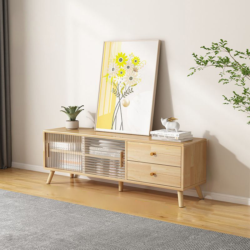 Contemporary Rectangle TV Stand in Solid Wood and Glass with 2 Drawers for Living Room