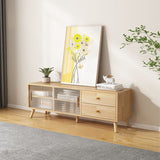Contemporary Rectangle TV Stand in Solid Wood and Glass with 2 Drawers for Living Room