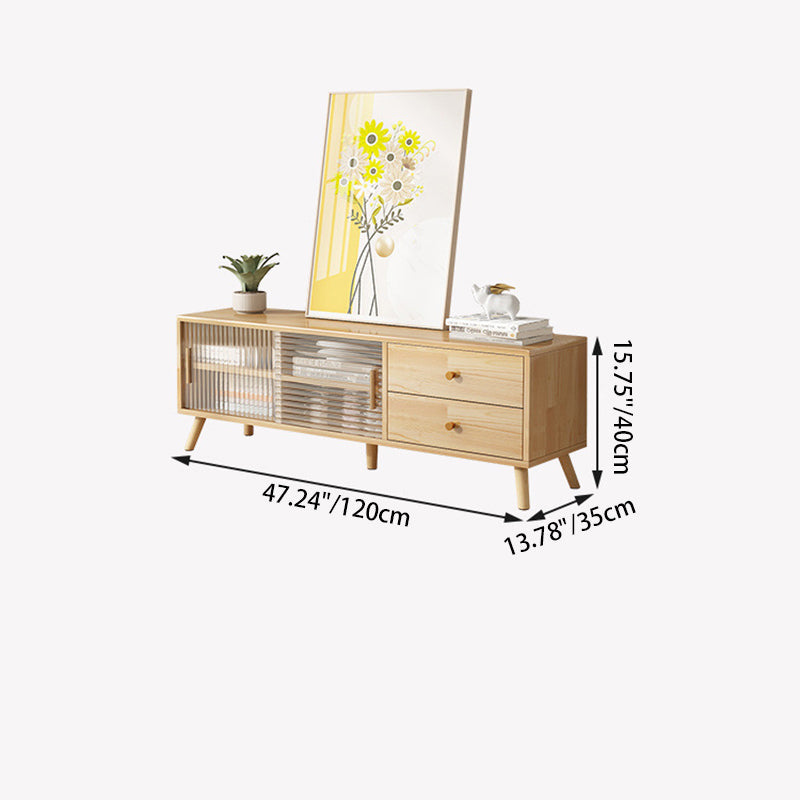 Contemporary Rectangle TV Stand in Solid Wood and Glass with 2 Drawers for Living Room