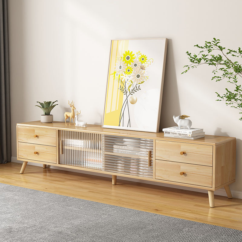 Contemporary Rectangle TV Stand in Solid Wood and Glass with 2 Drawers for Living Room