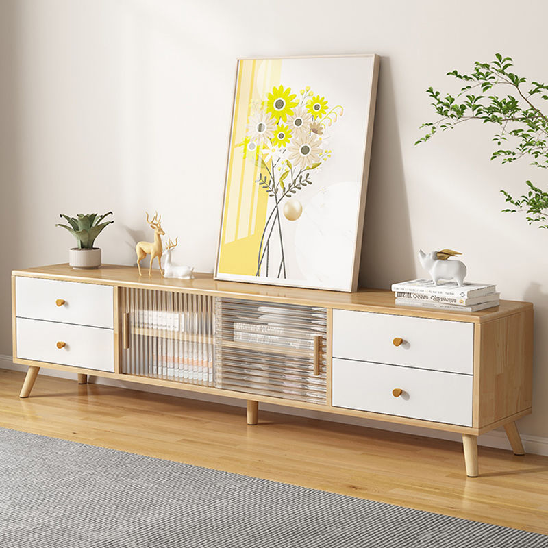 Contemporary Rectangle TV Stand in Solid Wood and Glass with 2 Drawers for Living Room