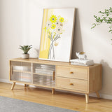 Contemporary Rectangle TV Stand in Solid Wood and Glass with 2 Drawers for Living Room