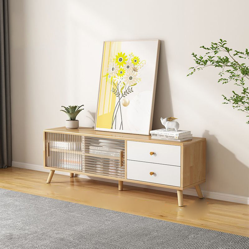 Contemporary Rectangle TV Stand in Solid Wood and Glass with 2 Drawers for Living Room