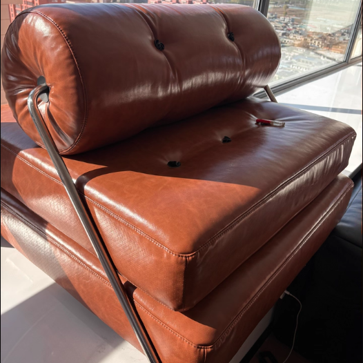 Traditional French Leather Sofa Backrest - Foldable, Oil-Waxed Finish, Iron Frame, Square-Cylinder Design, Armless for Living Room