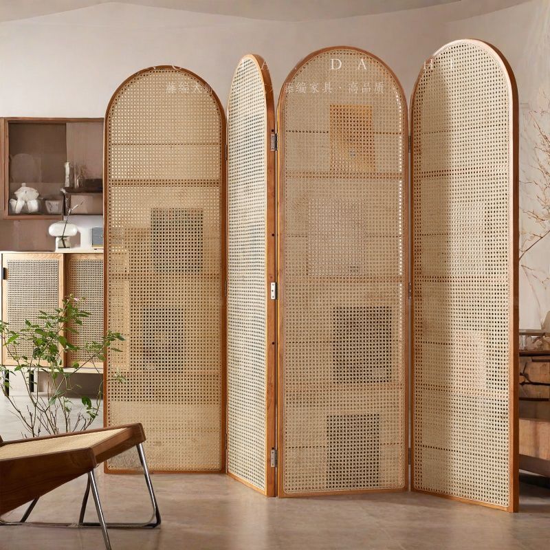 Contemporary Retro Rattan Corner Shelf Unit in Ash Wood Finish – Movable, Foldable 2/3/4-Panel Room Divider with Storage Shelves for Living Room