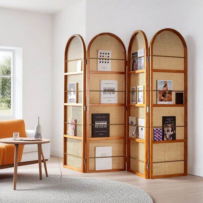 Contemporary Retro Rattan Corner Shelf Unit in Ash Wood Finish – Movable, Foldable 2/3/4-Panel Room Divider with Storage Shelves for Living Room