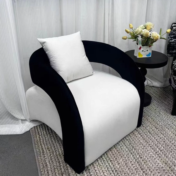 Luxurious Modern Curved Square Leather and Lambswool Fabric Wood Accent Chair with Backrest and Armrests for Living Room