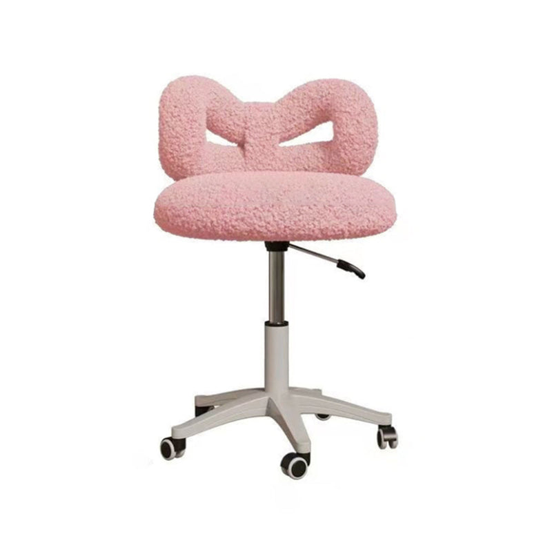 Modern Art Deco Butterfly Knot Vanity Stool – Round Lambswool and Faux Leather Seat, Metal Frame, Backrest, Armless, for Bedroom