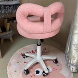 Modern Art Deco Butterfly Knot Vanity Stool – Round Lambswool and Faux Leather Seat, Metal Frame, Backrest, Armless, for Bedroom
