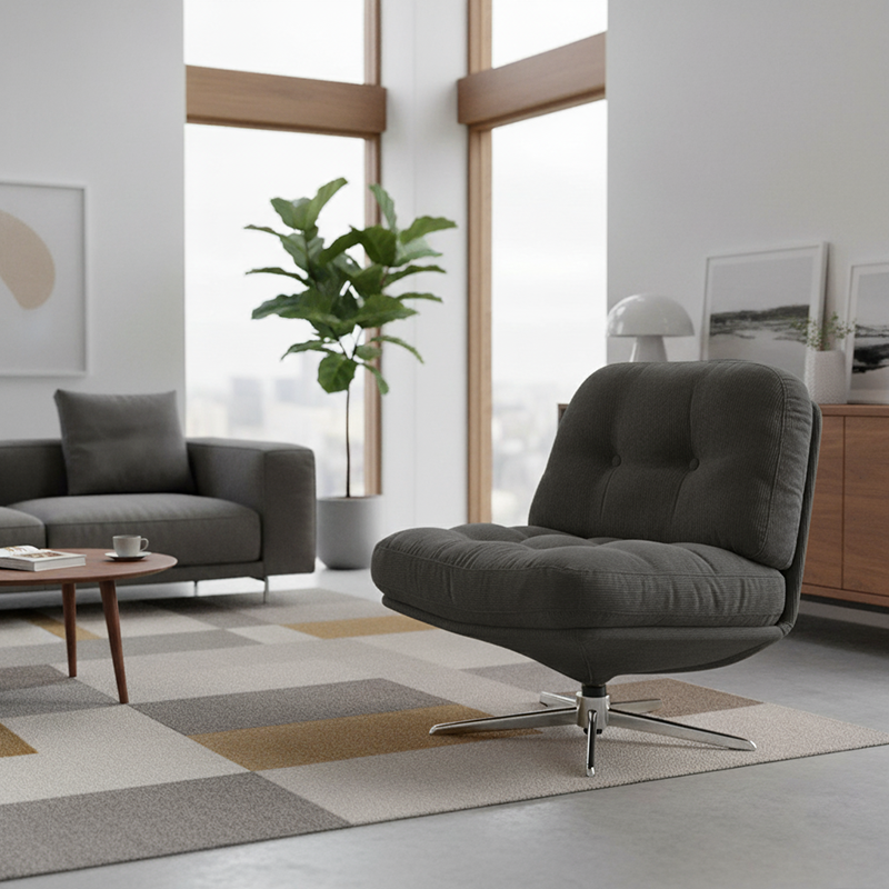 Modern Minimalist Rectangular Corduroy Accent Chair with Steel Frame and Backrest — Armless for Living Room