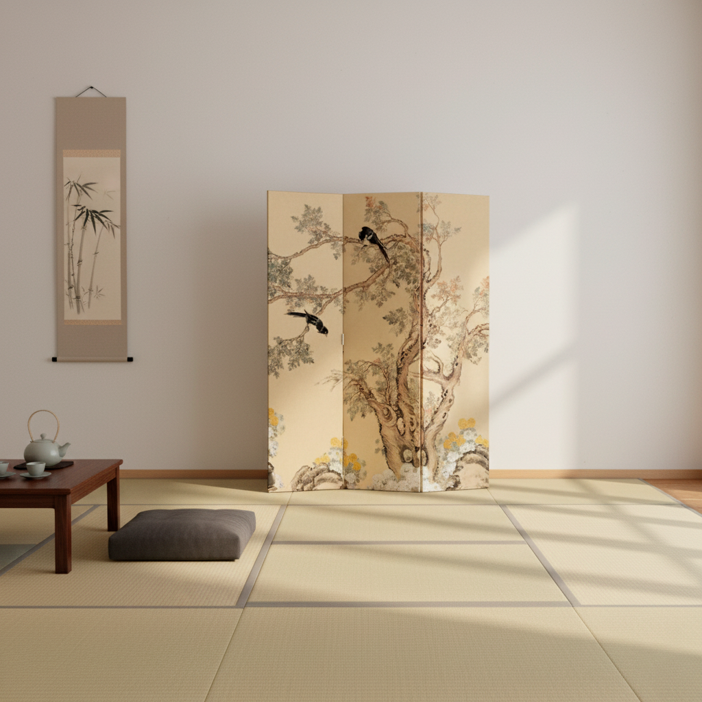 Traditional French-Style Rectangular Room Divider in Fir Wood with Floral and Bird Motif, Cotton Canvas Panels – Living Room Decor