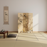 Traditional French-Style Rectangular Room Divider in Fir Wood with Floral and Bird Motif, Cotton Canvas Panels – Living Room Decor