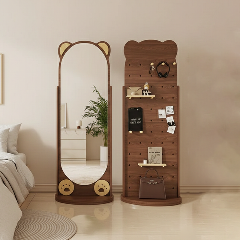 Contemporary Bear-Shaped Rectangular Rubberwood Rotating 3-Tier Storage Shelf with Mirror - Bedroom Organizer