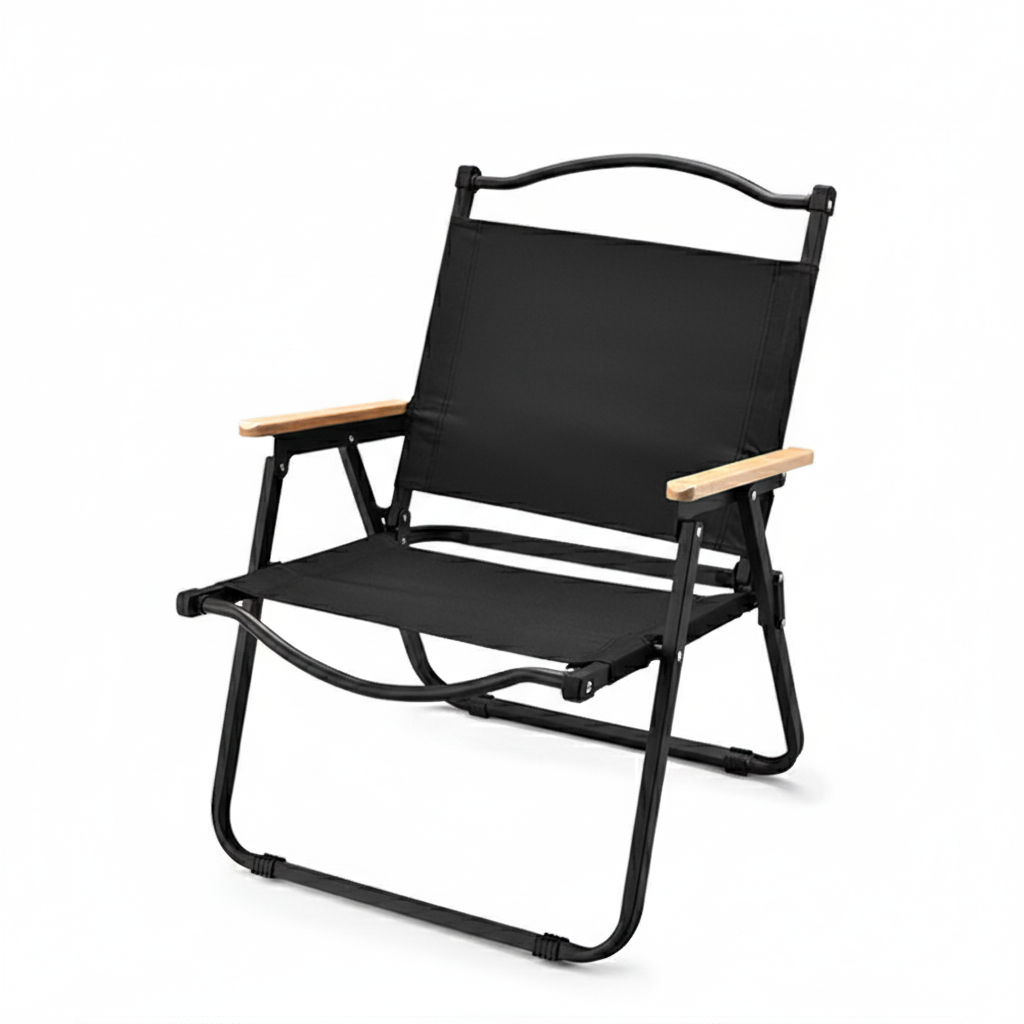 Modern Minimalist Outdoor Folding Chair — Carbon Steel Frame, Square Fabric Seat, Beech Wood Backrest and Armrests