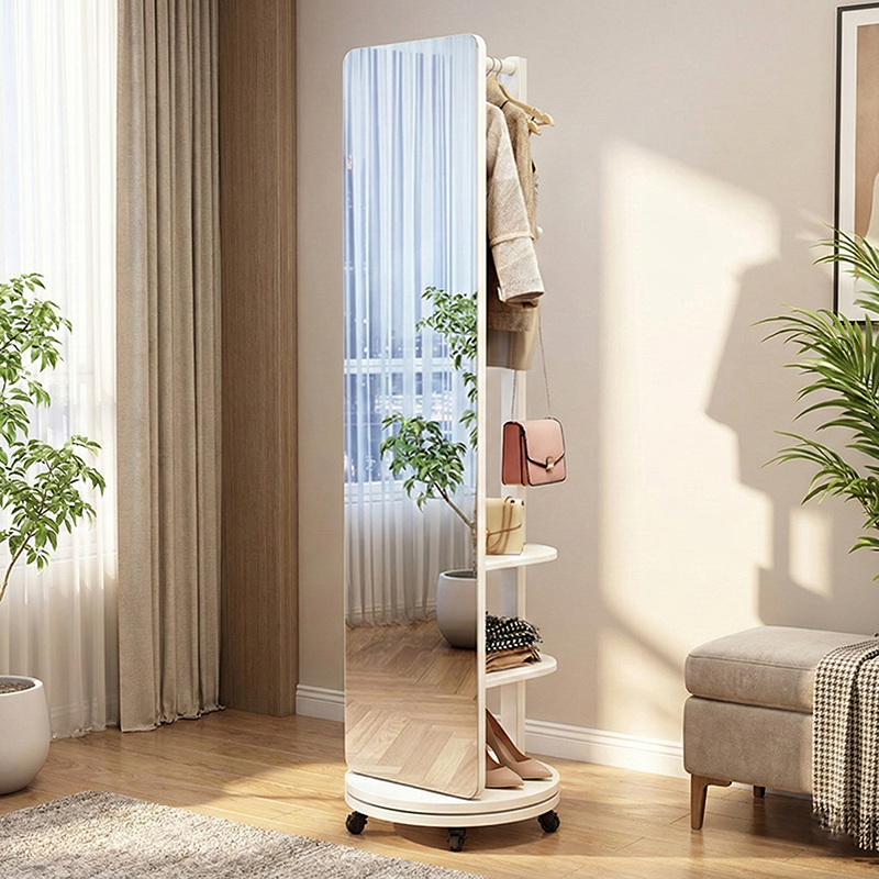 Modern Minimalist Rectangular Solid-Wood Hall Tree — Rotating, Movable with Mirror and 3-Tier Storage for Bedroom & Entryways