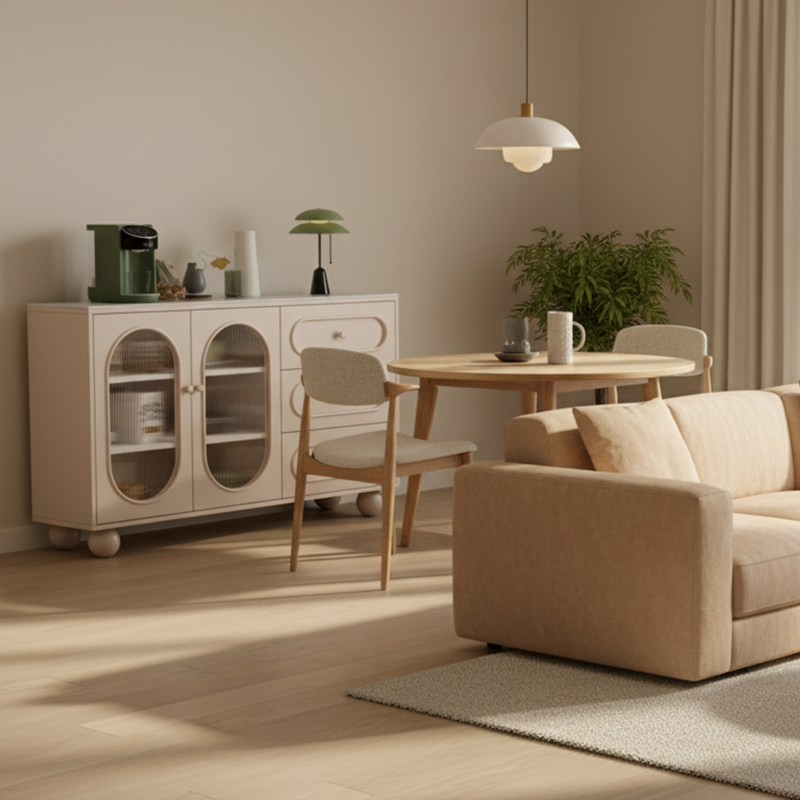Contemporary Scandinavian Rectangular Sideboard with 1 Cabinet and 3 Drawers, Sintered Stone Surface, Fluted Glass Accents, MDF/Particle Board, Living Room