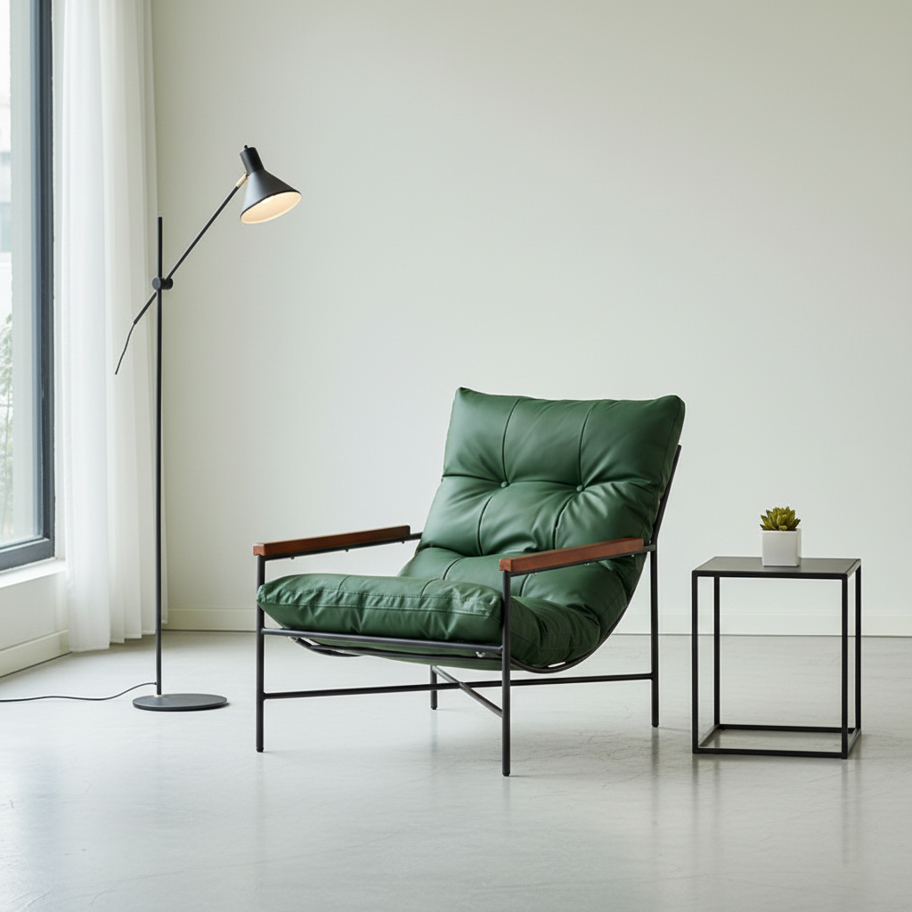 Modern Mid-Century Rectangular PU Leather Recliner Chair with Carbon Steel Frame, Rubberwood & Solid Wood Accents, PP Cotton Backrest for Living Room