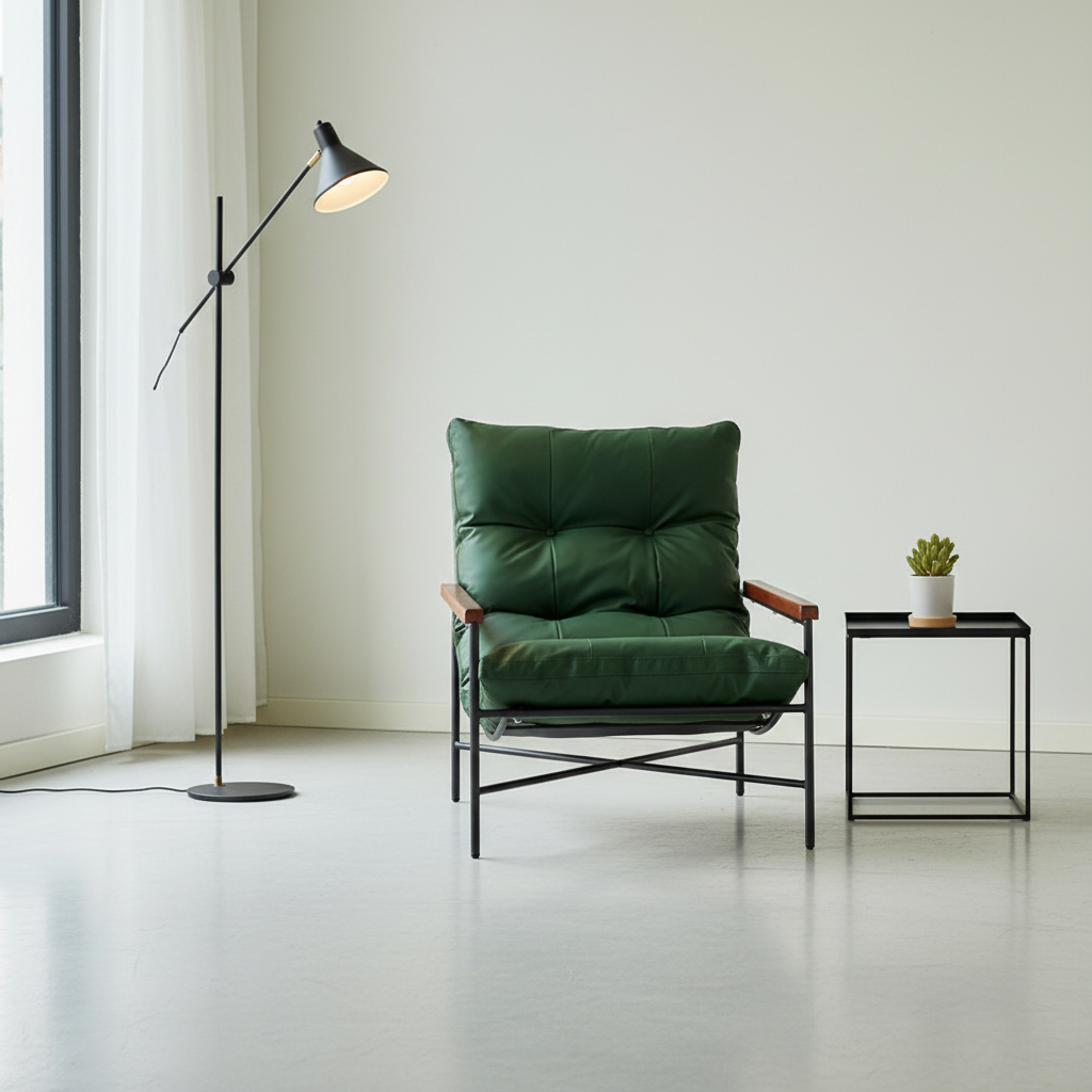 Modern Mid-Century Rectangular PU Leather Recliner Chair with Carbon Steel Frame, Rubberwood & Solid Wood Accents, PP Cotton Backrest for Living Room