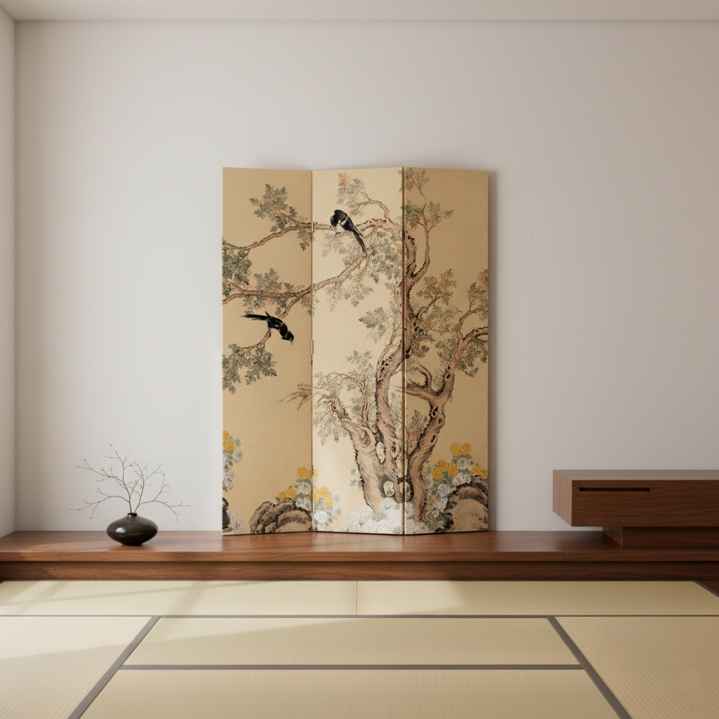 Traditional French-Style Rectangular Room Divider in Fir Wood with Floral and Bird Motif, Cotton Canvas Panels – Living Room Decor