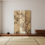 Traditional French-Style Rectangular Room Divider in Fir Wood with Floral and Bird Motif, Cotton Canvas Panels – Living Room Decor