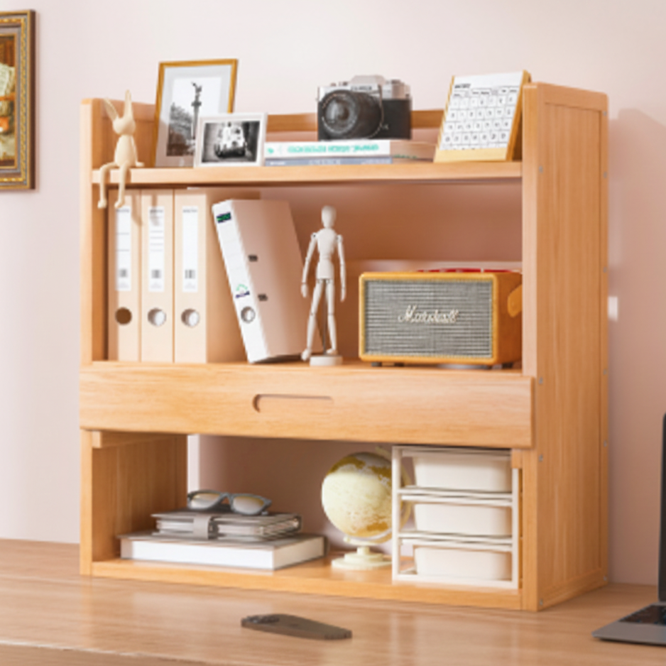 Contemporary Scandinavian Nano Bamboo MDF Storage Bookshelf – Rectangular, 2- or 3-Tier with 1 Drawer for Bedroom & Study