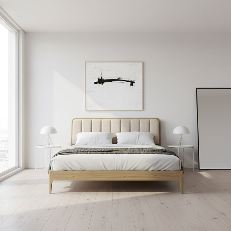 French Romantic Aesthetic Recessed Bed Frame - Genuine Leather Upholstered & Ash Wood Bed For Bedroom