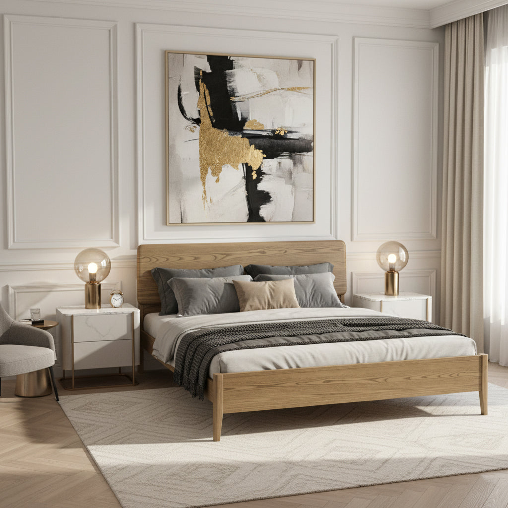 Traditional Rustic Flush-Edge Bed Frame - Full Ash Wood Frame & Pine Slats Adjustable Height Bed For Bedroom