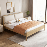 French Flush-Edge Bed Frame - Genuine Leather Headboard & Breathable Pine Slats Bed For Bedroom