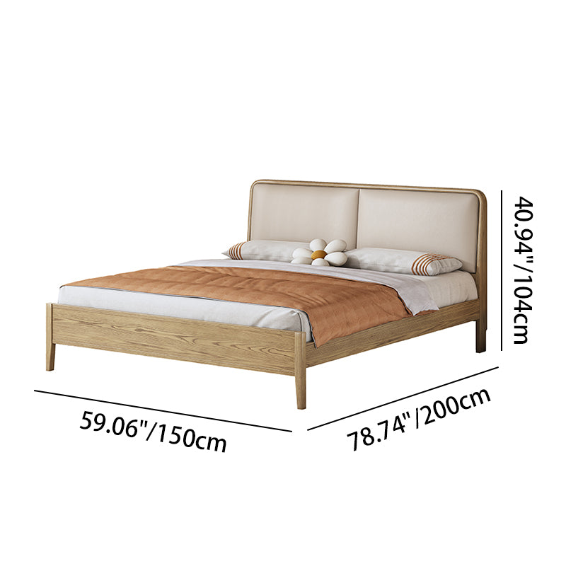 French Flush-Edge Bed Frame - Genuine Leather Headboard & Breathable Pine Slats Bed For Bedroom
